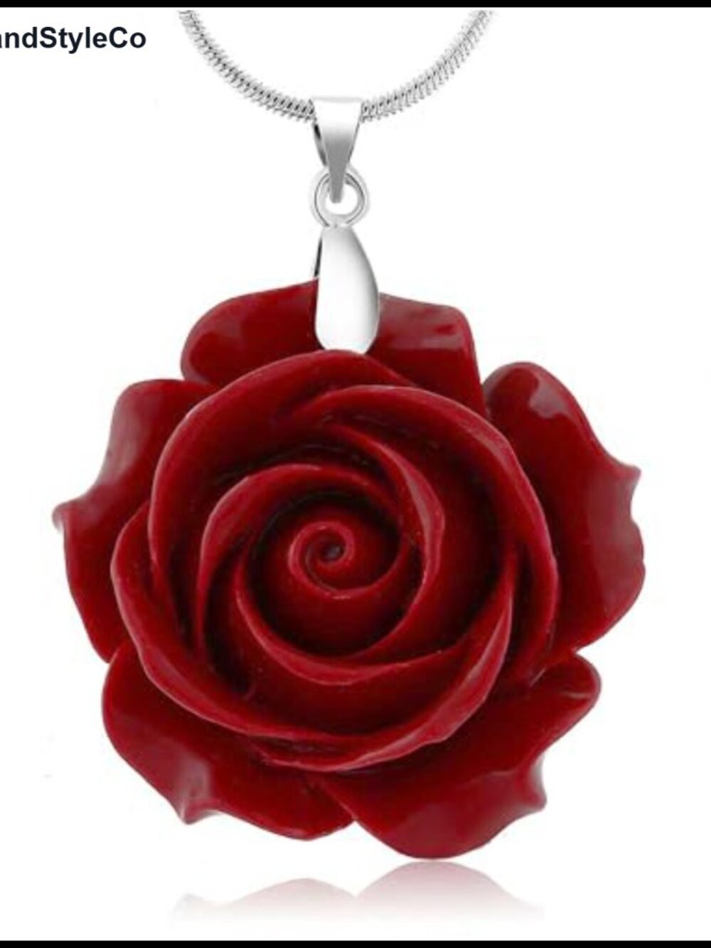 35mm Simulated Coral Carved Rose Flower Pendant Necklace with 16" Chain